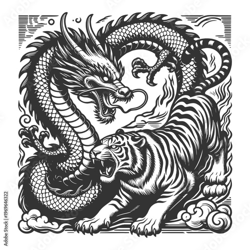 dragon and tiger circling in a yin yang composition, symbolizing balance, power, and opposing forces in harmony sketch engraving generative ai vector illustration. Scratch board. Black and white image