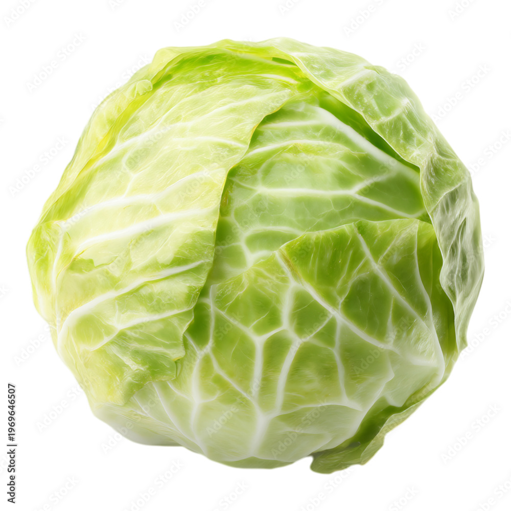 Fototapeta premium Fresh, crisp green cabbage isolated on a clean white background, ready for healthy cooking.
