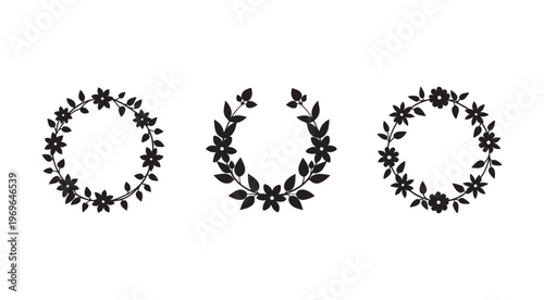 Black floral wreath designs isolated on white background for decoration and design elements  three circular flower arrangements