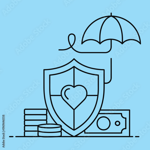 Minimal line of shield with heart and umbrella over money line minimal shield finance