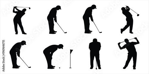 Silhouette collection of golfers in various poses on white background Keywords: golf, golfer, silhouette, sport, swing, putting