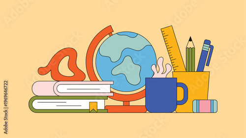 Colorful school and learning supplies globe, books, ruler, pencil, pen, and coffee mug