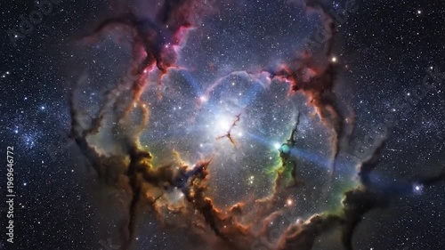 Vibrant cosmic nebula with bright stars and interstellar dust clouds exploring galactic formations