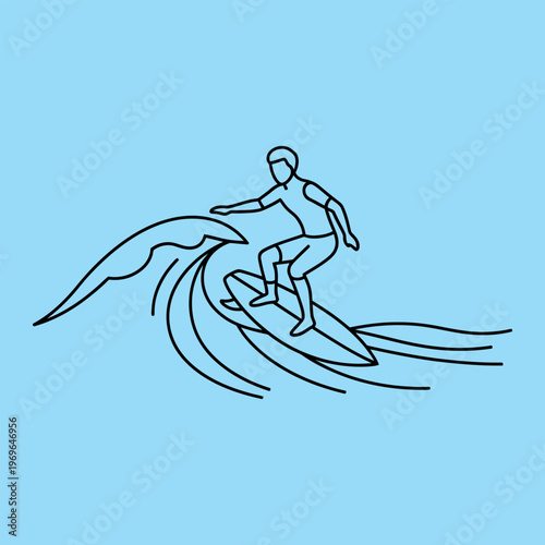 Minimal line of surfer riding wave on blue background surfing line minimal black lines