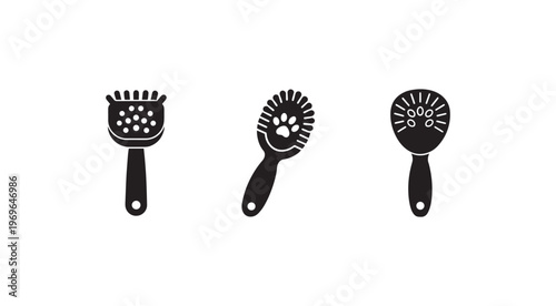 Black grooming brushes for pets  various types of brushes for dog and cat hair care  pet grooming tools  brushes for pet hair removal