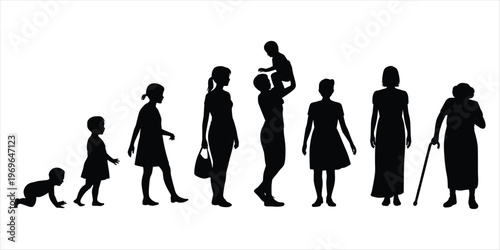 Silhouettes Depicting Human Life Stages From Baby To Elderly Woman On White Background human evolution