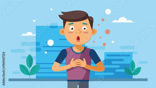 Young boy feels worried and anxious while standing outdoors with blue buildings and plants during the day