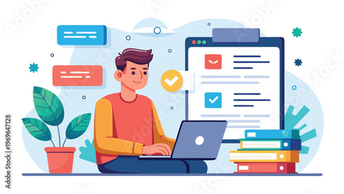 Young person sits at desk with laptop and books, working on tasks in a casual setting with plants and digital messages