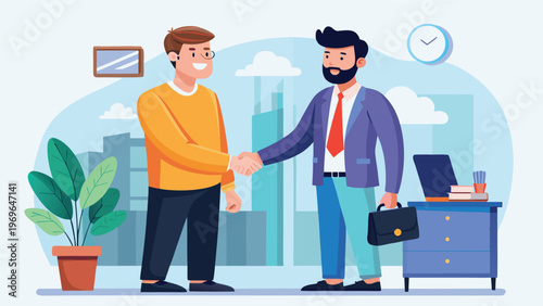 Business meeting between two people with a handshake in an office setting during the day