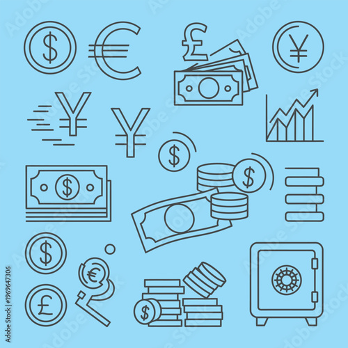 Minimal line of various currency symbols and financial line minimal money coins bills safe