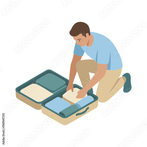 Man packing clothes into an open suitcase on the floor carefully