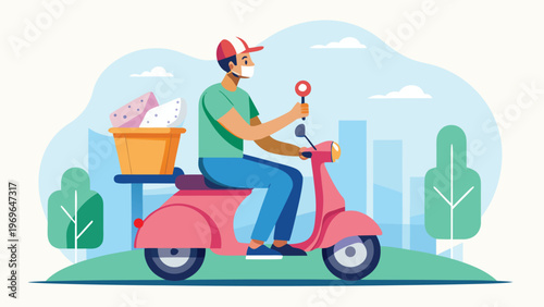 Delivery person riding a pink scooter with a basket carrying food in a city setting during daytime