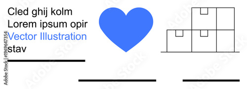 Logistics, packaging, e-commerce, storage solutions, warehouse management, delivery services. Blue heart icon, text and three stacked boxes outline. Logistics and packaging
