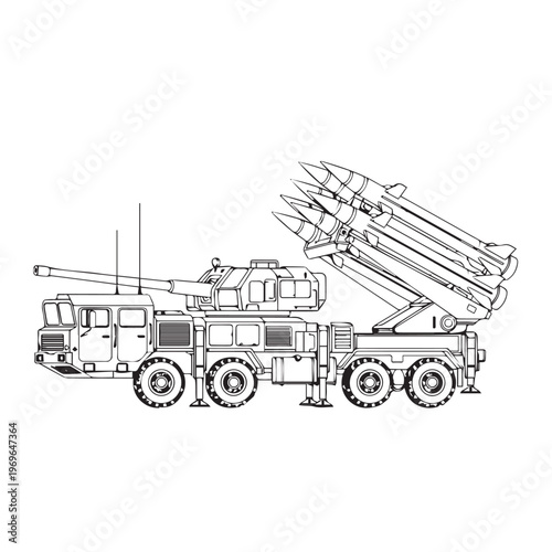 Missile launcher mounted on a heavy truck chassis, a mobile military artillery system ready for complex warfare tasks.