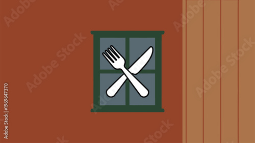 Crossed fork and knife symbol appears in a window on rustic wooden wall