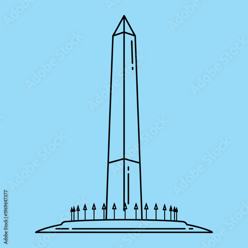 Minimal line of Washington Monument with people line minimal black lines light blue background