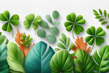 St. Patrick's Day background with shamrock and tropical leaves border for festive green design