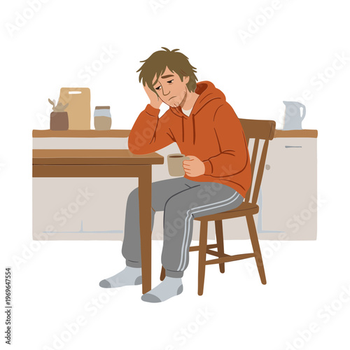 A young man sits bored at a kitchen table with a mug in hand
