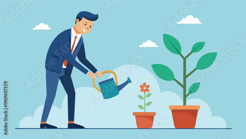 Person in suit waters plants in pots under blue sky with clouds during daytime