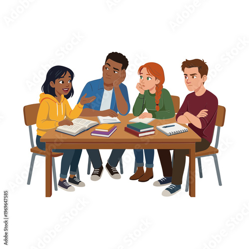Students sitting around a table discussing books in a classroom setting together
