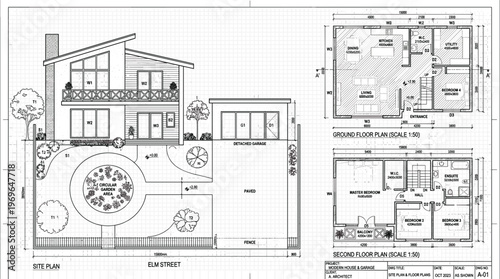 Detailed architectural blueprint including modern house site plan ground floor layout and second floor technical construction engineering drawing
