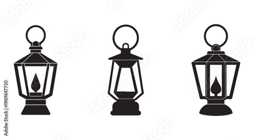 Black lantern silhouettes with handles  old fashioned street lamps  isolated on white background