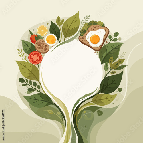 Organic wellness concept a lush botanical border encircles a copy space, adorned with fresh produce and nutritious breakfast foods, symbolizing a healthy and balanced lifestyle