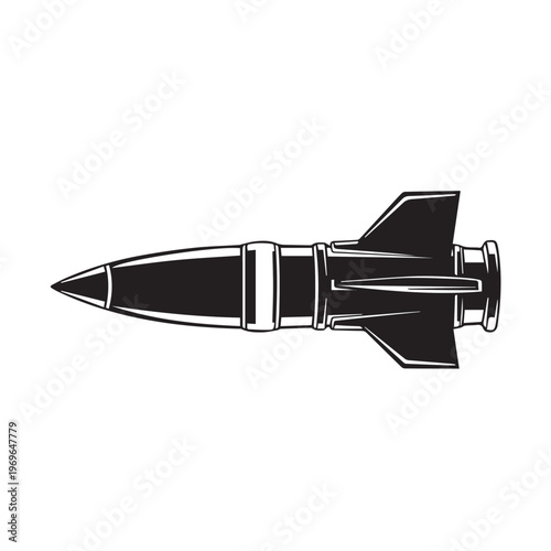 Black rocket silhouette with fins and nozzle against white background in a bold minimal illustration.