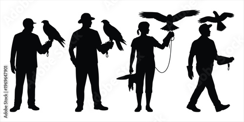 Silhouettes of Falconers Holding Birds of Prey and Walking bird of prey hawk