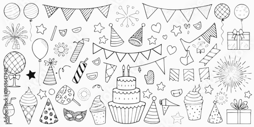A collection of hand drawn party decorations and celebratory items