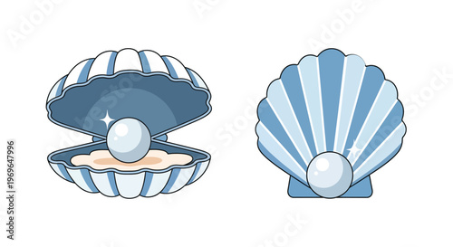 Illustration of two blue scallop shells one open with a pearl inside