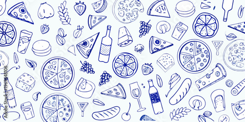 Hand drawn assortment of food and drink items on a white background