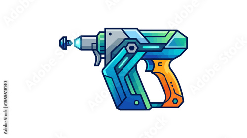 Colorful toy gun with orange handle.