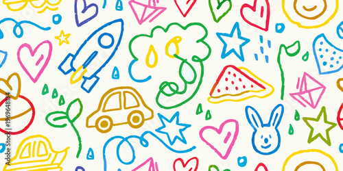 Colorful doodle pattern featuring hearts rockets cars and other shapes