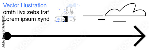 Environmental impact, industry, pollution, climate change, sustainability, carbon emissions. Factory emitting smoke leading to an emission arrow. Environmental impact and industry concept