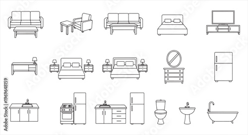 Home furniture and appliances outline icons set, living room bedroom kitchen bathroom, line art vector