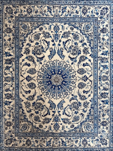 a real traditional persian pale gold and navy blue rug with an intricate design in the center, top-down view