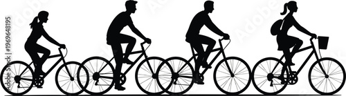 Silhouettes of four people riding bicycles in a row on white background illustration vector