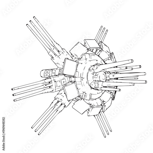 Circular modular space station with radial arms, docking ports, and solar panels in orbit, hand-drawn schematic illustration.