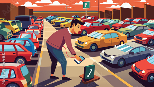 Person uses smartphone to find parking spot in busy lot with many cars and a sign pointing the way