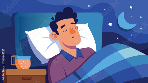 Man sleeps in bed at night with a cup of tea on the bedside table and stars visible outside the window