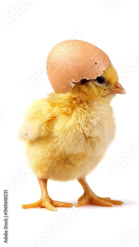Funny yellow newly hatched small baby chick with cracked eggshell on his head on white background , spring and Easter celebration,  vertical HD loopable video footage, seamless loop