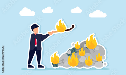 Businessman burning broken light bulbs with a match illustration of eliminating unused ideas and filtering unworkable concepts in business innovation