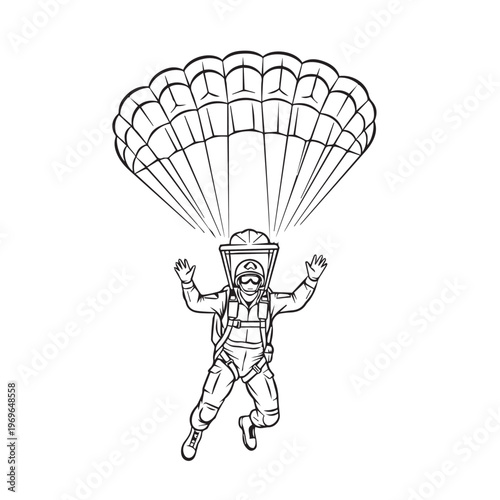 A lone skydiver descends under a large parachute canopy in open sky illustration.