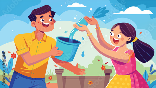 People fill water bucket during outdoor activity in garden on sunny day while enjoying time together with smiles