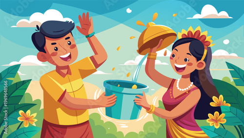 People celebrate a festival with water and flowers in a bright outdoor setting, enjoying the moment together during the daytime