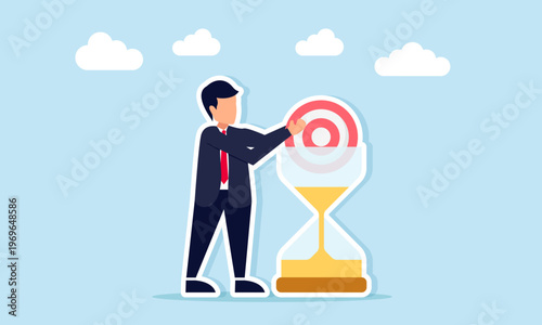 Businessman putting target board into hourglass illustration of planning business goals within a specific time frame and achieving strategic objectives