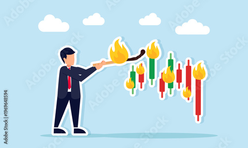 Businessman burning candlestick chart with a match illustration of bearish market conditions trading loss and financial downturn