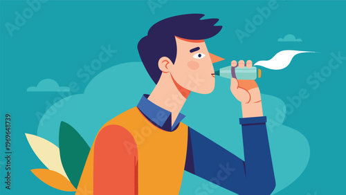 Man using an inhaler for asthma relief in a colorful setting with clouds and foliage in the background