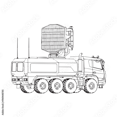 Military rocket launcher truck with radar system mounted on a heavy wheeled chassis.